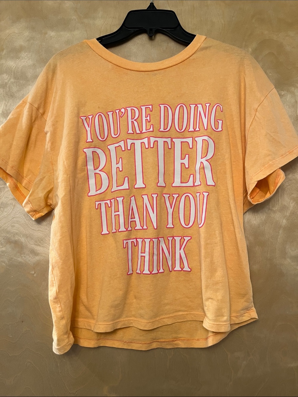 Women's Short-Sleeve Peach Graphic Tee — "You're Doing Better Than You Think"